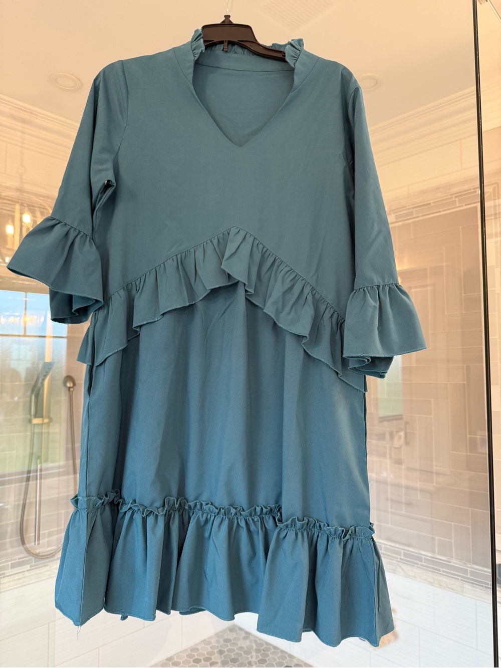 Teal Ruffle V-Neck Midi Dress